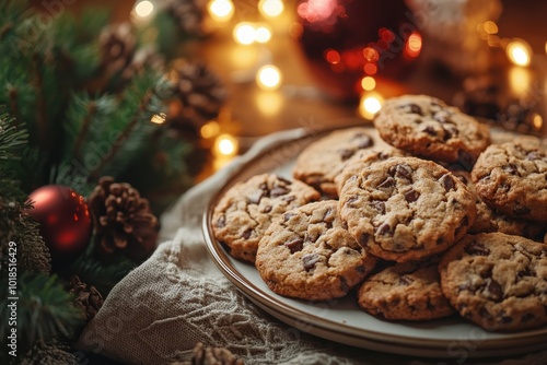 A festive holiday scene featuring spicy hermit cookies arranged on a platter with seasonal decorations, twinkling lights, and a warm ambiance, perfect for celebrations