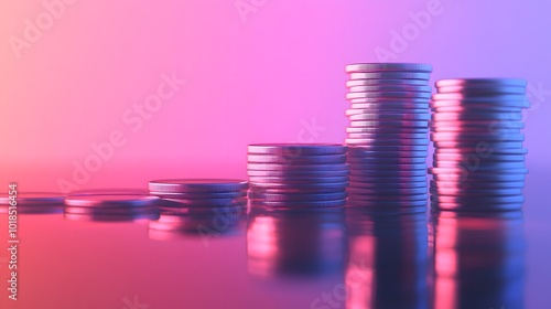 Stacks of coins rising dramatically against a vibrant twilight background, reflecting an air of prosperity. The background is not transparent. Money Concept