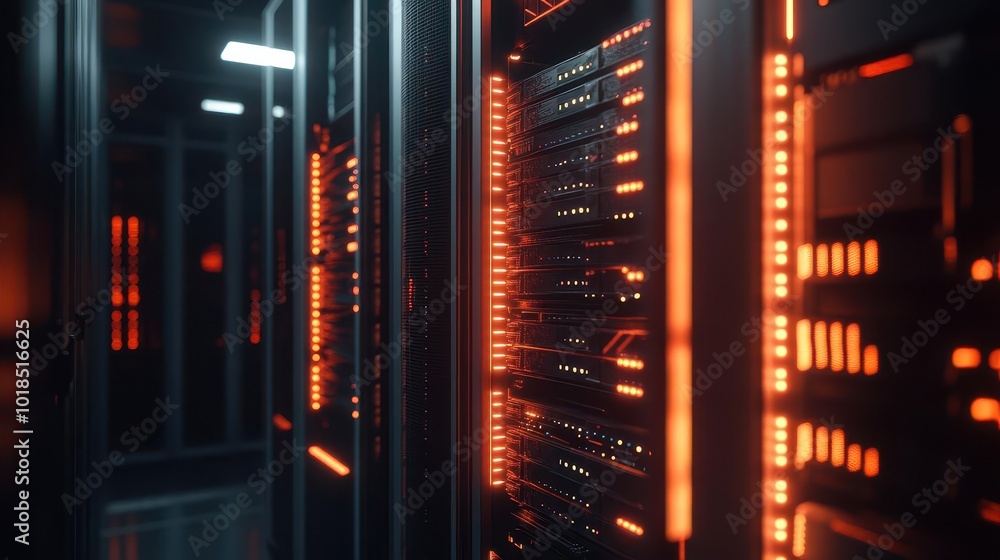 Obraz premium sleek modern rack houses illuminated servers in a dimly lit data center, with glowing led lights casting a tech-savvy ambience, hinting at digital innovation