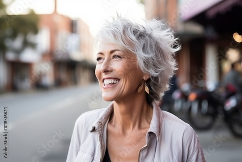 Portrait of a happy senior woman laughing in the city street.