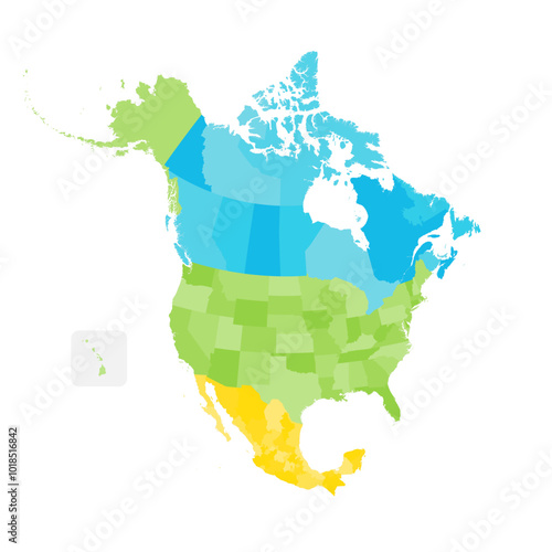 Political map of North American countries Canada, United States of America and Mexico with administrative divisions. Colorful blank map. Vector illustration