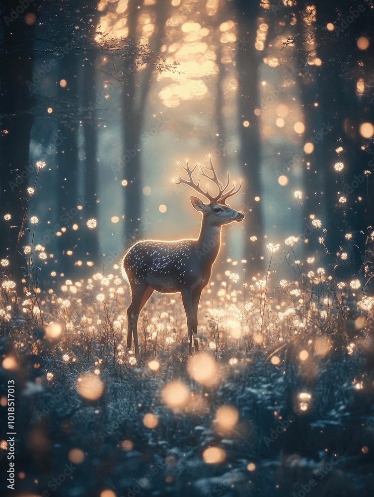 Ethereal deer standing in a mystical forest filled with glowing and delicate flowers surrounded by a muted color palette and an enchanting serene atmosphere Ethereal deer standing in a mystical forest filled with glowing and delicate flowers surrounded by a muted color palette and an enchanting serene atmosphere
