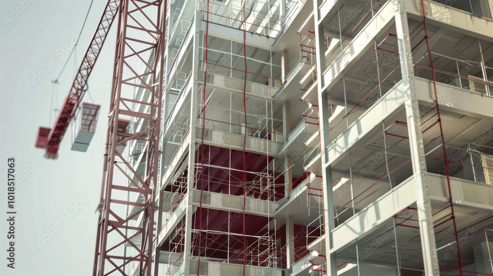 Modern construction site showcasing high rise building under development, featuring scaffolding and crane. image captures intricate details of structure and construction process Modern construction site showcasing high rise building under development, featuring scaffolding and crane. image captures intricate details of structure and construction process