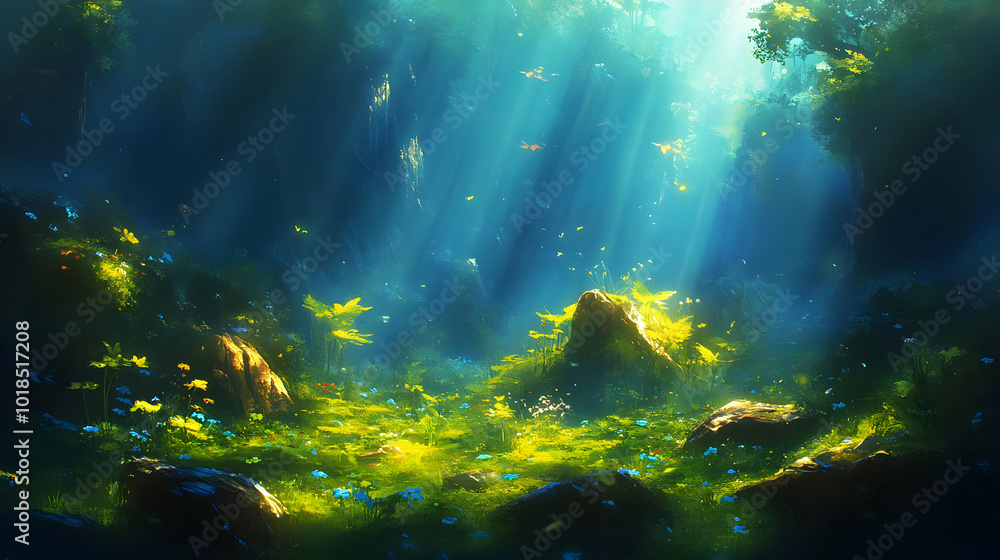 Obraz premium Sunbeams Filter Through the Trees, Illuminating a Lush Forest Floor with Delicate Flowers and Rocks