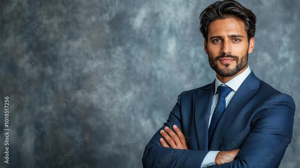 Confident business man in a suit posing against a textured backdrop, embodying professionalism and charisma.