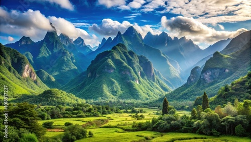 Lush Green Mountains Rise Majestically Under a Blue Sky with Puffy White Clouds