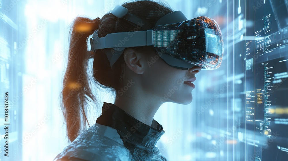 Profile view of woman in innovative VR city landscape Profile view of woman in innovative VR city landscape
