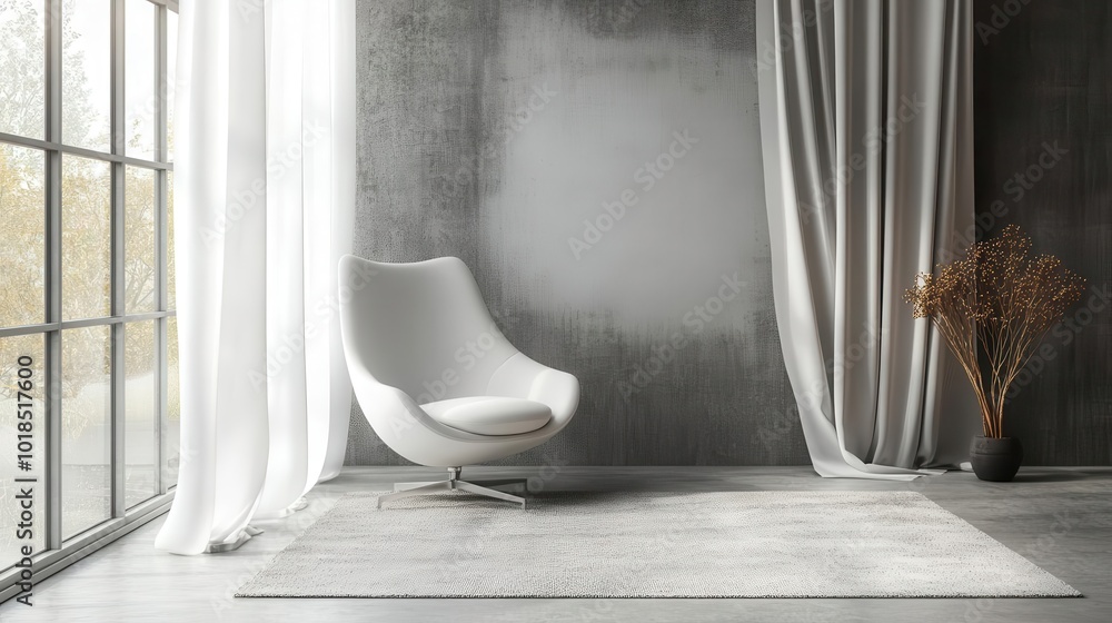 stylish living room mockup featuring a chic carpet, sleek white chair, curtains flowing gently, and a blank gray concrete wall, combining comfort with contemporary design stylish living room mockup featuring a chic carpet, sleek white chair, curtains flowing gently, and a blank gray concrete wall, combining comfort with contemporary design