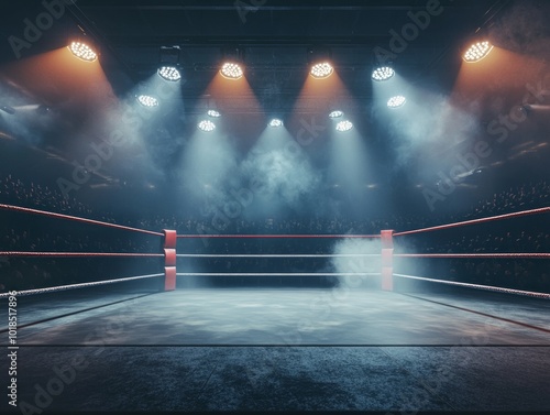 boxing ring is dramatically illuminated by overhead spotlights with swirling smoke adding depth while a darkened audience waits in anticipation for the next fight. photo