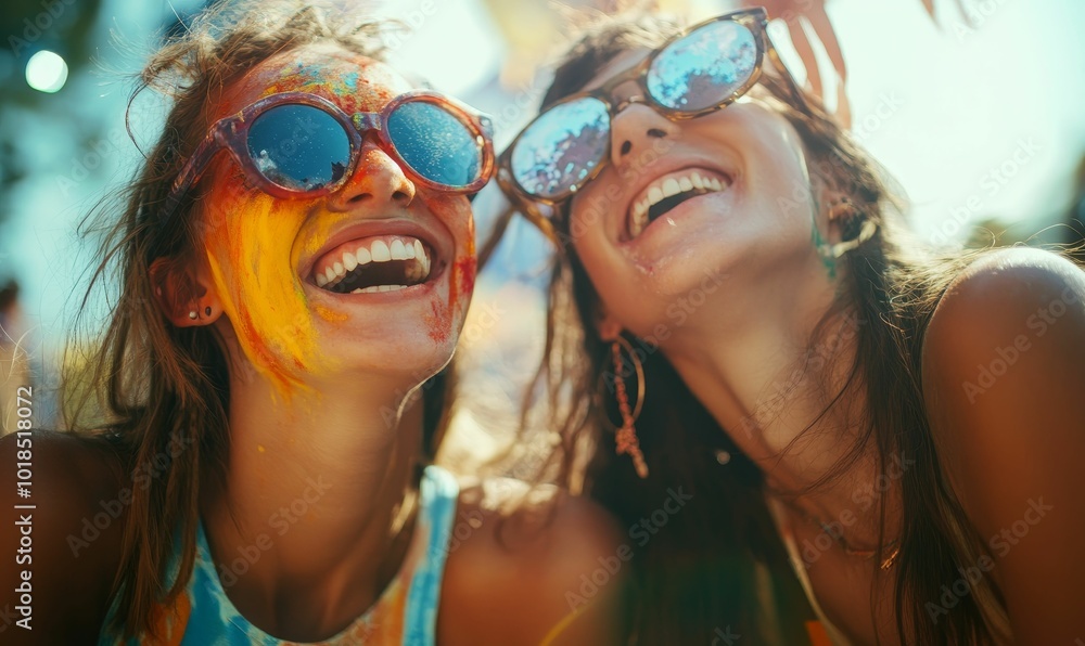 Two happy women covered in colorful powder. Two happy women covered in colorful powder.