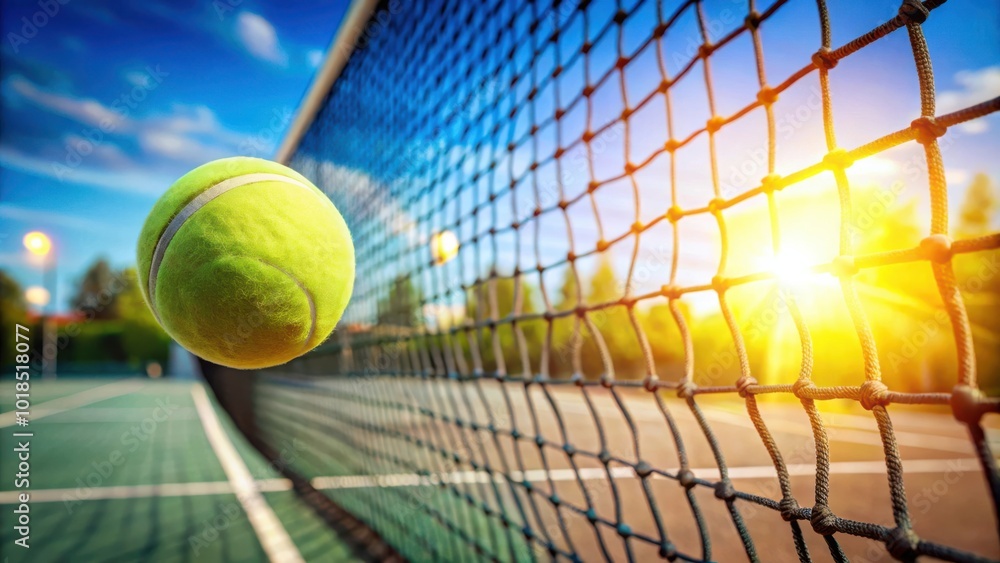 A tennis ball in flight as the sun sets over the horizon, casting golden rays through the net, creating a captivating image of the beauty and intensity of the sport.