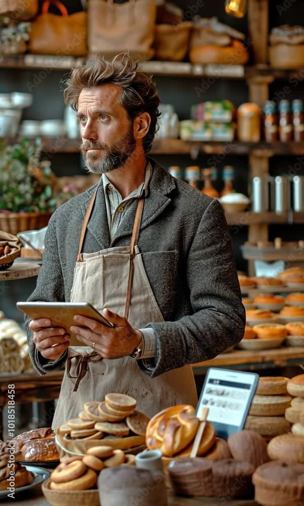 Image showcasing Using a smart tablet, the proprietor of a small café and bakery plans ...