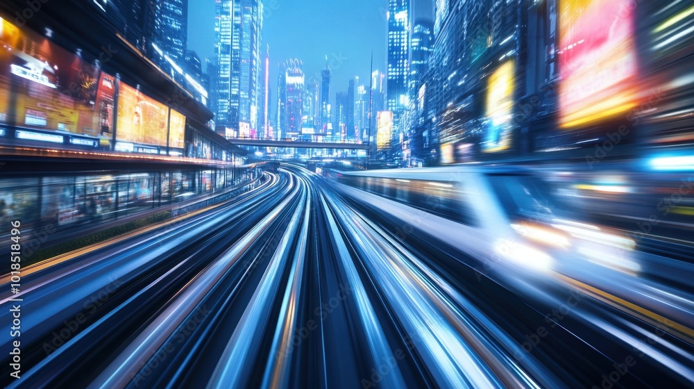 A fast-moving, modern train passing through a sci-fi city of the future, with gleaming towers and digital billboards lighting up the skyline. A fast-moving, modern train passing through a sci-fi city of the future, with gleaming towers and digital billboards lighting up the skyline.