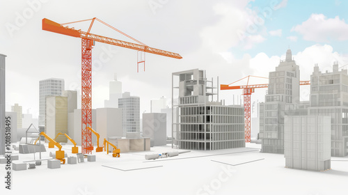 Modern construction site with cranes and buildings under development, showcasing urban architecture and industrial activity