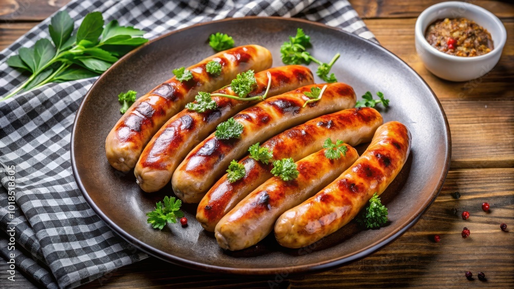 Grilled Sausages with Parsley and Peppercorns on a Brown Plate Grilled Sausages with Parsley and Peppercorns on a Brown Plate