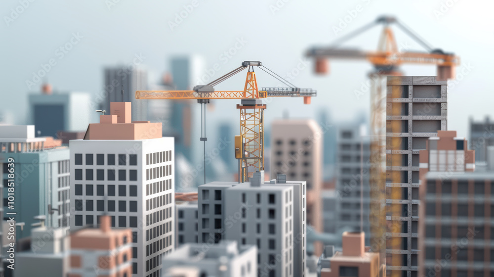 Construction cranes tower over bustling cityscape, showcasing urban development and architectural progress. scene captures essence of modern construction and city life Construction cranes tower over bustling cityscape, showcasing urban development and architectural progress. scene captures essence of modern construction and city life