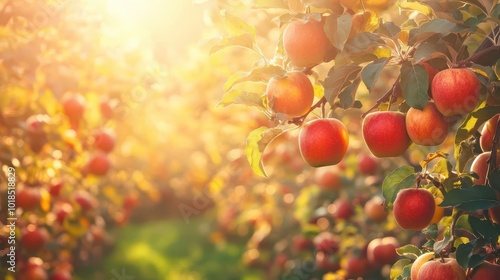 vibrant apple trees in a sunlit orchard during the fall, heavy with ripe, bountiful apples, capturing the essence of harvest season and the beauty of nature