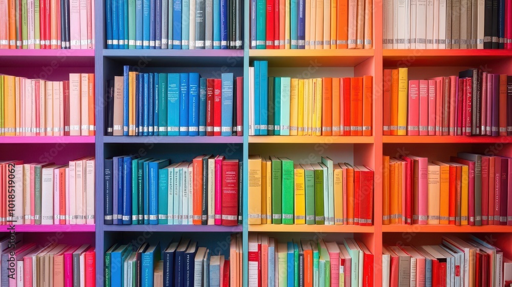 vibrant rainbow-colored bookshelf filled with a variety of books, creating an inviting home library atmosphere, emphasizing the joy of reading and knowledge vibrant rainbow-colored bookshelf filled with a variety of books, creating an inviting home library atmosphere, emphasizing the joy of reading and knowledge