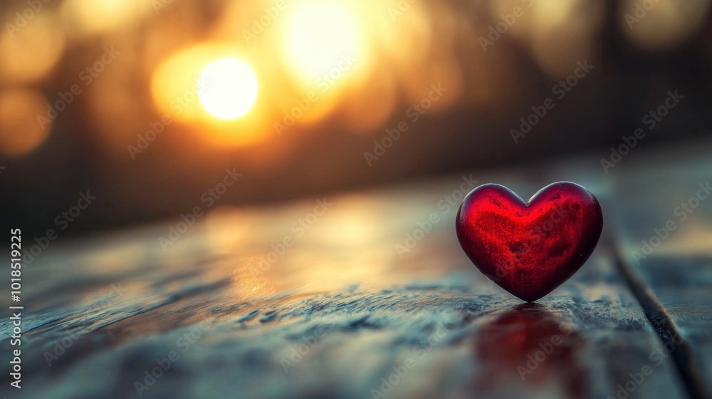 Red heart on the wood table during the sunset Red heart on the wood table during the sunset