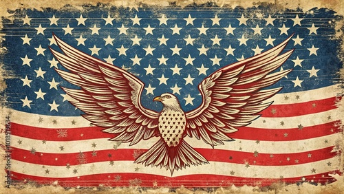 A vintage-inspired illustration of a distressed American flag, adorned with bold red stars, white stripes, and majestic blue eagles, rendered in ornate hand-drawn ink. photo