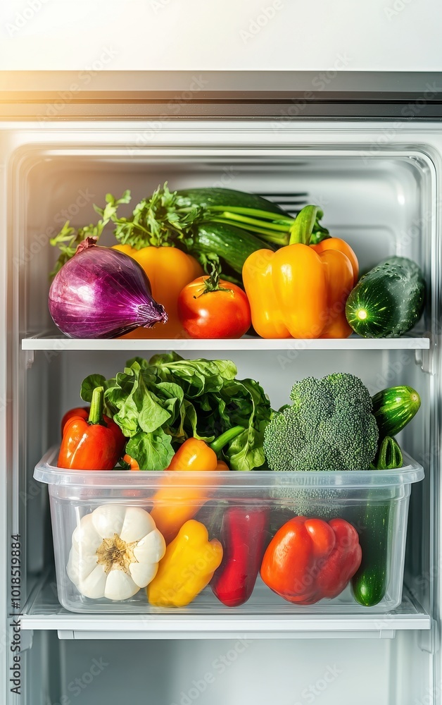 Fresh vegetables neatly arranged in a refrigerator for healthy eating. Fresh vegetables neatly arranged in a refrigerator for healthy eating.