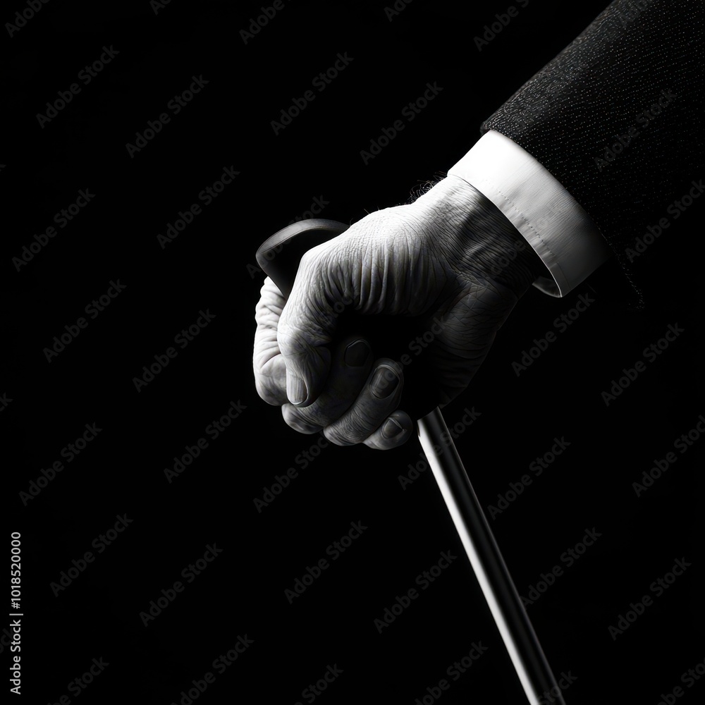 Hand holding a cane in a dramatic black and white composition. Hand holding a cane in a dramatic black and white composition.