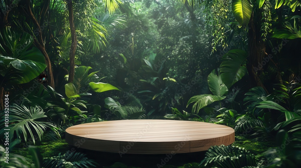 wooden podium nestled within a lush tropical forest, adorned with vibrant greenery, ready for a product presentation surrounded by nature's serenity wooden podium nestled within a lush tropical forest, adorned with vibrant greenery, ready for a product presentation surrounded by nature's serenity