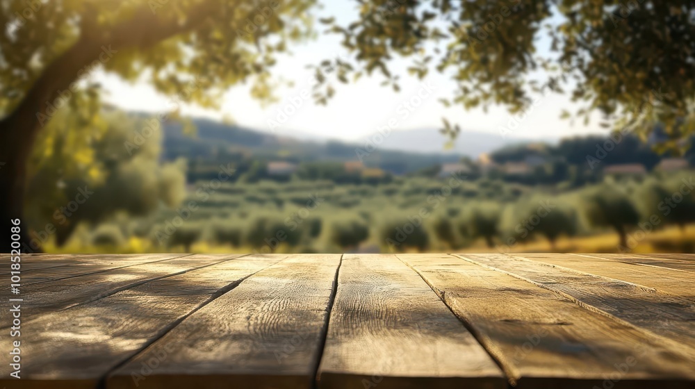 wooden table set for product display, softly blurred against a bokeh background of a sunlit olive field, evoking a sense of natural beauty and inviting atmosphere for showcasing items wooden table set for product display, softly blurred against a bokeh background of a sunlit olive field, evoking a sense of natural beauty and inviting atmosphere for showcasing items