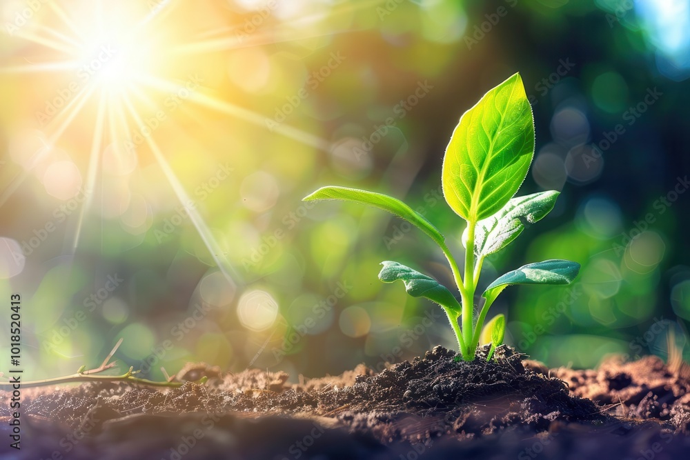 young green plant sprout growing in bright sunlight, new beginnings and growth opportunity concept, close-up photo young green plant sprout growing in bright sunlight, new beginnings and growth opportunity concept, close-up photo