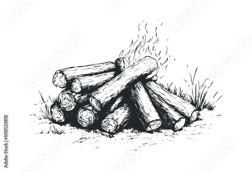 Firewood stacked for a cozy campfire. Vector retro hand drawn illustration.
