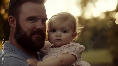 handsome man with a short beard holding a beautiful 1 year old girl with blonde hair. Father's Day