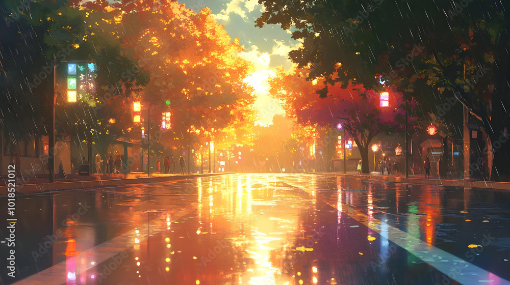 Rain Falling on City Street With Autumn Trees and Street Lights Reflecting in Puddles Rain Falling on City Street With Autumn Trees and Street Lights Reflecting in Puddles