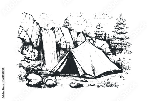 Camping near a waterfall with a tent in nature. Vector retro hand drawn illustration.