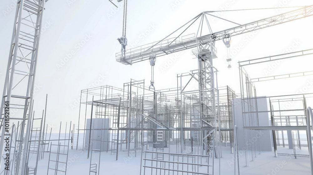 image showcases construction site with cranes and scaffolding, highlighting intricate framework of building under development. scene conveys sense of progress and engineering innovation image showcases construction site with cranes and scaffolding, highlighting intricate framework of building under development. scene conveys sense of progress and engineering innovation