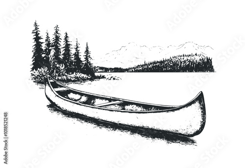 Canoe resting on calm water with an oar beside it. Vector retro hand drawn illustration.