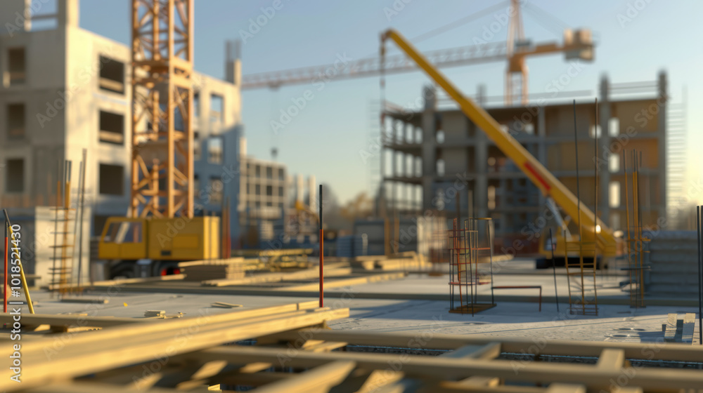 Naklejka premium Construction site with cranes, scaffolding, and building materials, showcasing busy urban development environment. scene captures essence of modern architecture and engineering