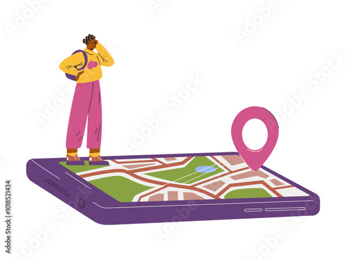 Traveler stands on a large phone with a map and a location sign.
