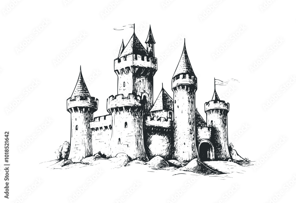 Obraz premium Traditional cooking pot with fire and herbs nearby. Vector retro hand drawn illustration.