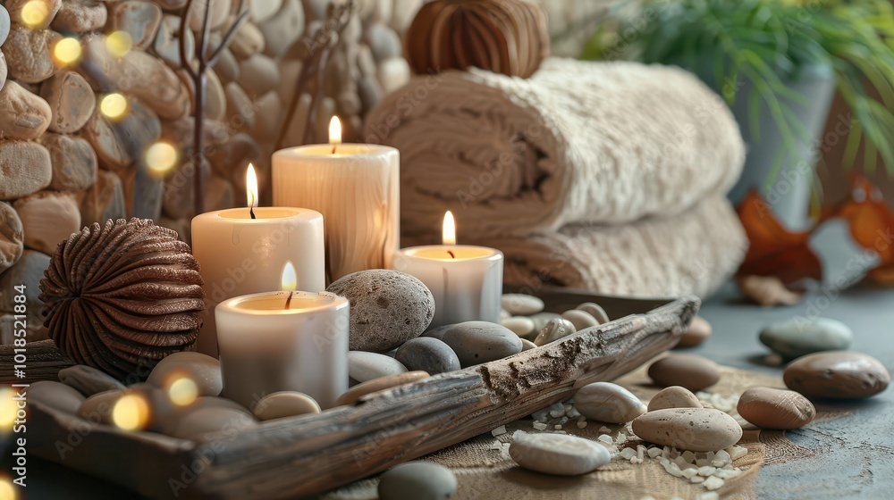 zen-inspired autumn spa setting with warm-toned candles, smooth river stones, and rustic wooden elements, creating a serene and inviting atmosphere zen-inspired autumn spa setting with warm-toned candles, smooth river stones, and rustic wooden elements, creating a serene and inviting atmosphere