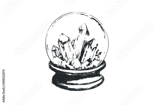 Black crystal ball with swirling patterns. Vector retro hand drawn illustration.