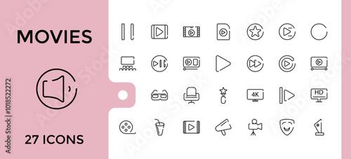 Movies Related to Cinema line Icons set, Stroke Design Realatate to Such Theater, Film, Disc, Drama, Bullhorn, Projector and more. Editable thin line icon collection for web and ui, Pixel perfect.