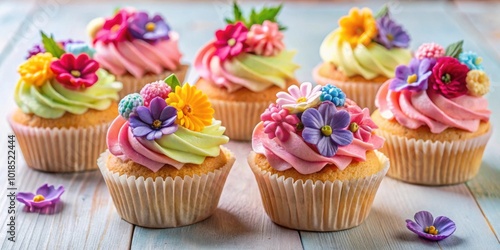 Pretty floral cupcakes with colorful buttercream frosting and edible flower decorations, floral, cupcakes, pretty