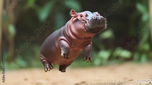 Baby Hippopotamus Leaping Playfully on the Ground