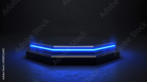 Fototapeta Naklejka Na Ścianę i Meble -  Blue Neon Lights on Black Octagon Platform