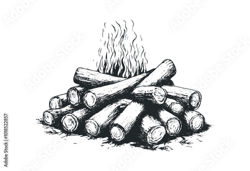 Campfire burning logs under a starry night sky. Vector retro hand drawn illustration.