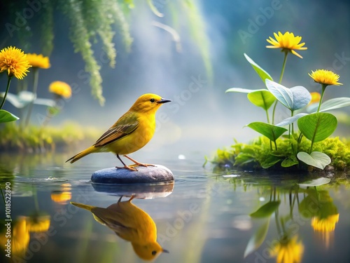 A yellow bird rests on the pond's surface, surrounded by waterlilies and misty morning air, exuding warmth and serenity. photo