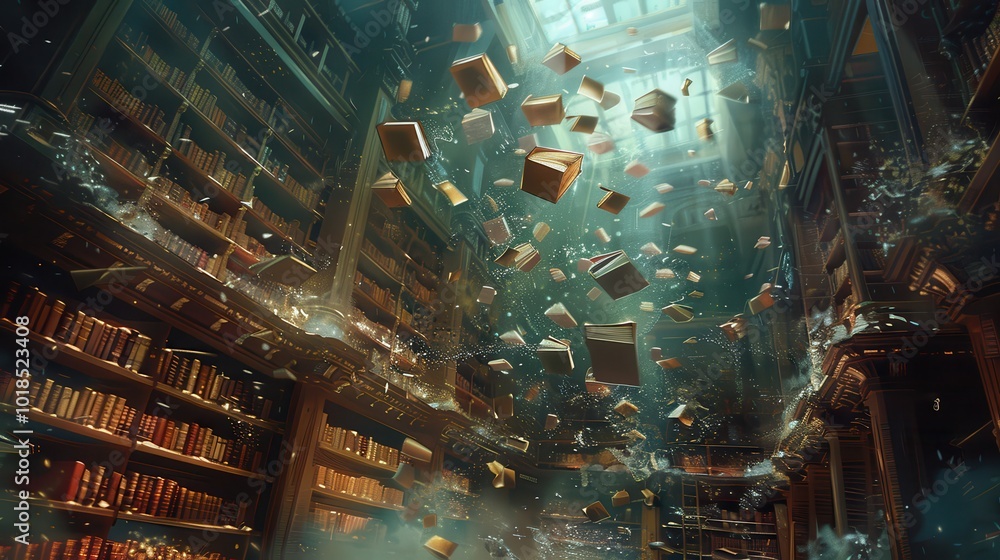 Produce a 3D effect digital painting of a fantasy library with books flying off the shelves Produce a 3D effect digital painting of a fantasy library with books flying off the shelves
