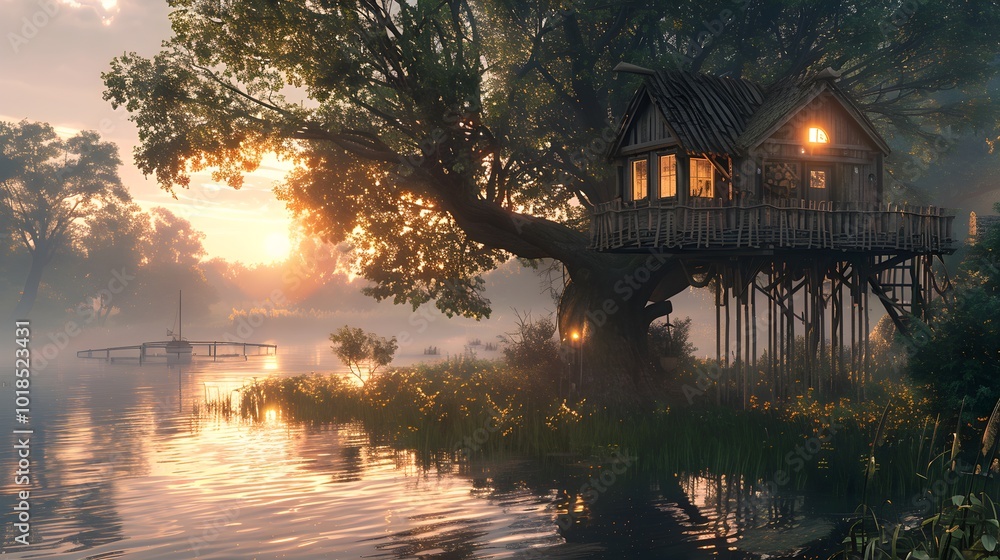 Fototapeta premium Modern Treehouse in Serene Nature Setting