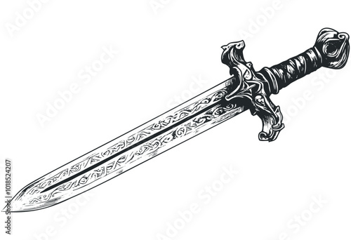 Castle with towers in scenic landscape. Vector retro hand drawn illustration.