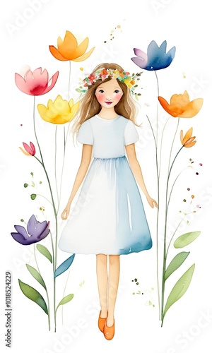 a little girl standing in a field of flowers Watercolor illustration